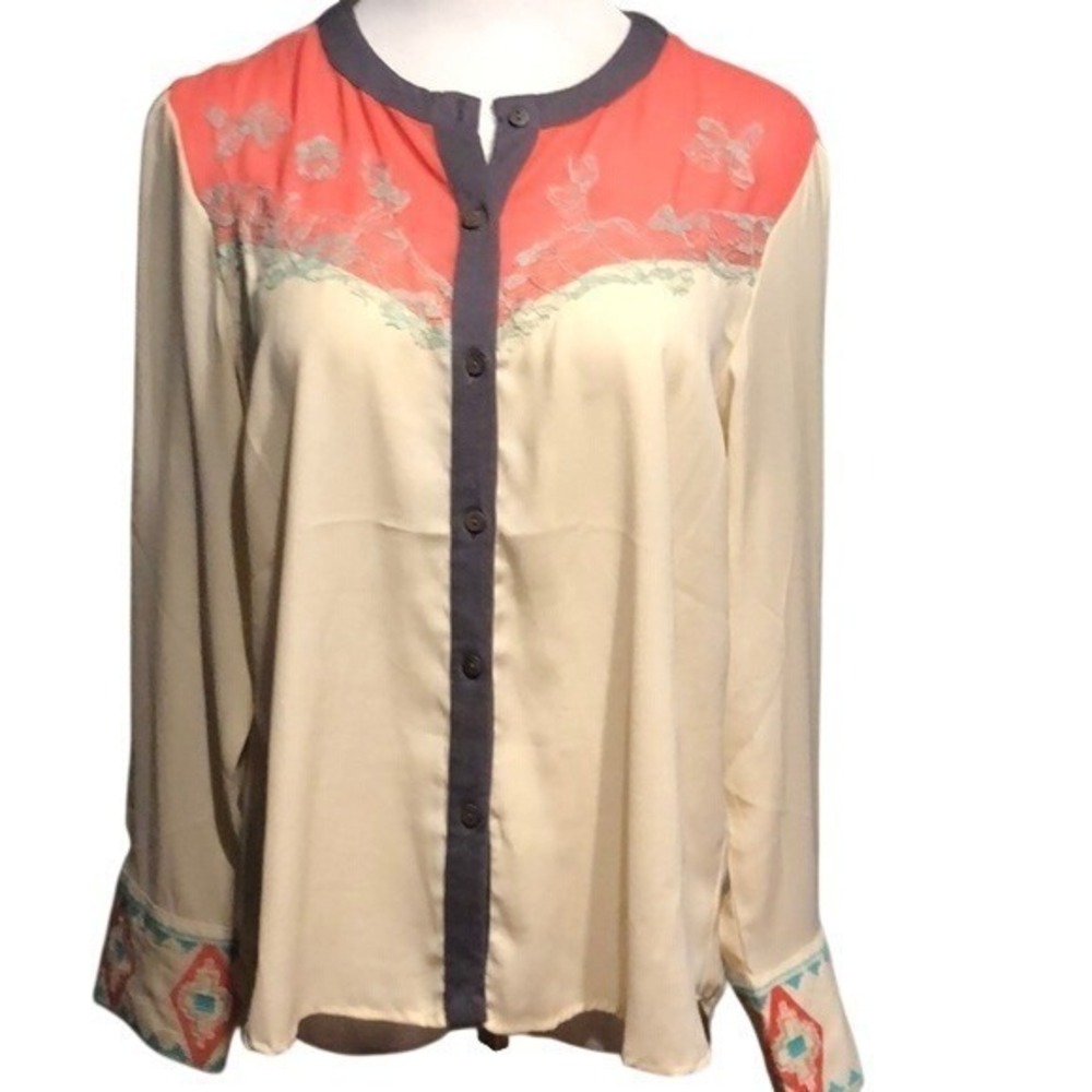 Red Ranch Blouse Womens Large Lace Western Embroidered Cream Coral Boho Top